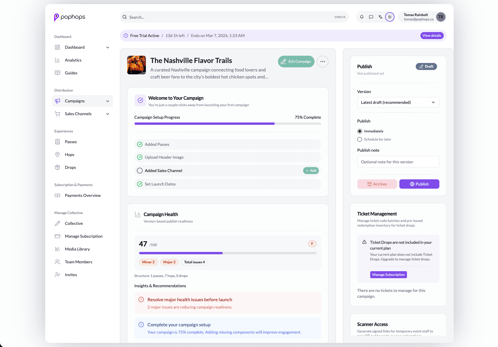 PopHops campaign dashboard with setup progress and publish controls